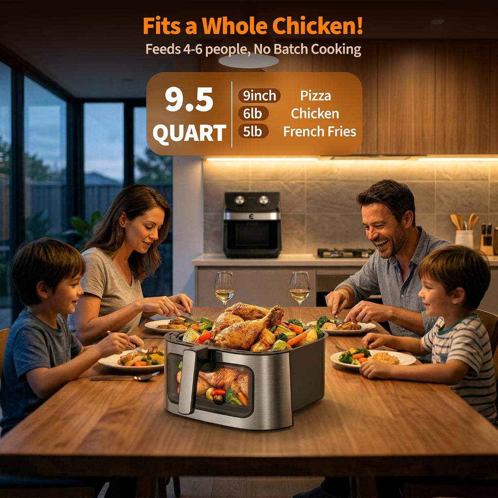 9.5Qt Large Air Fryer Oven, Airfryer Toaster Oven Combo, Non Toxic Stainless Steel Air Fryer with Window, XL Capacity Basket Style Airfryer for Family, Easy Dual Knob Control, Black