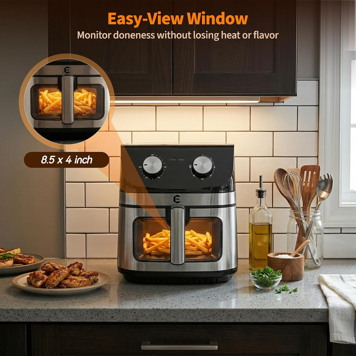 9.5Qt Large Air Fryer Oven, Airfryer Toaster Oven Combo, Non Toxic Stainless Steel Air Fryer with Window, XL Capacity Basket Style Airfryer for Family, Easy Dual Knob Control, Black