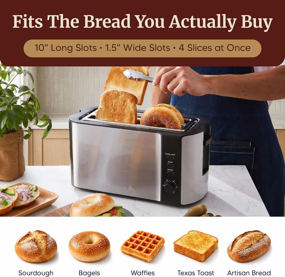 Elite Gourmet 4-Slice Long Slot Toaster, Extra-Wide Slots, 6 Browning