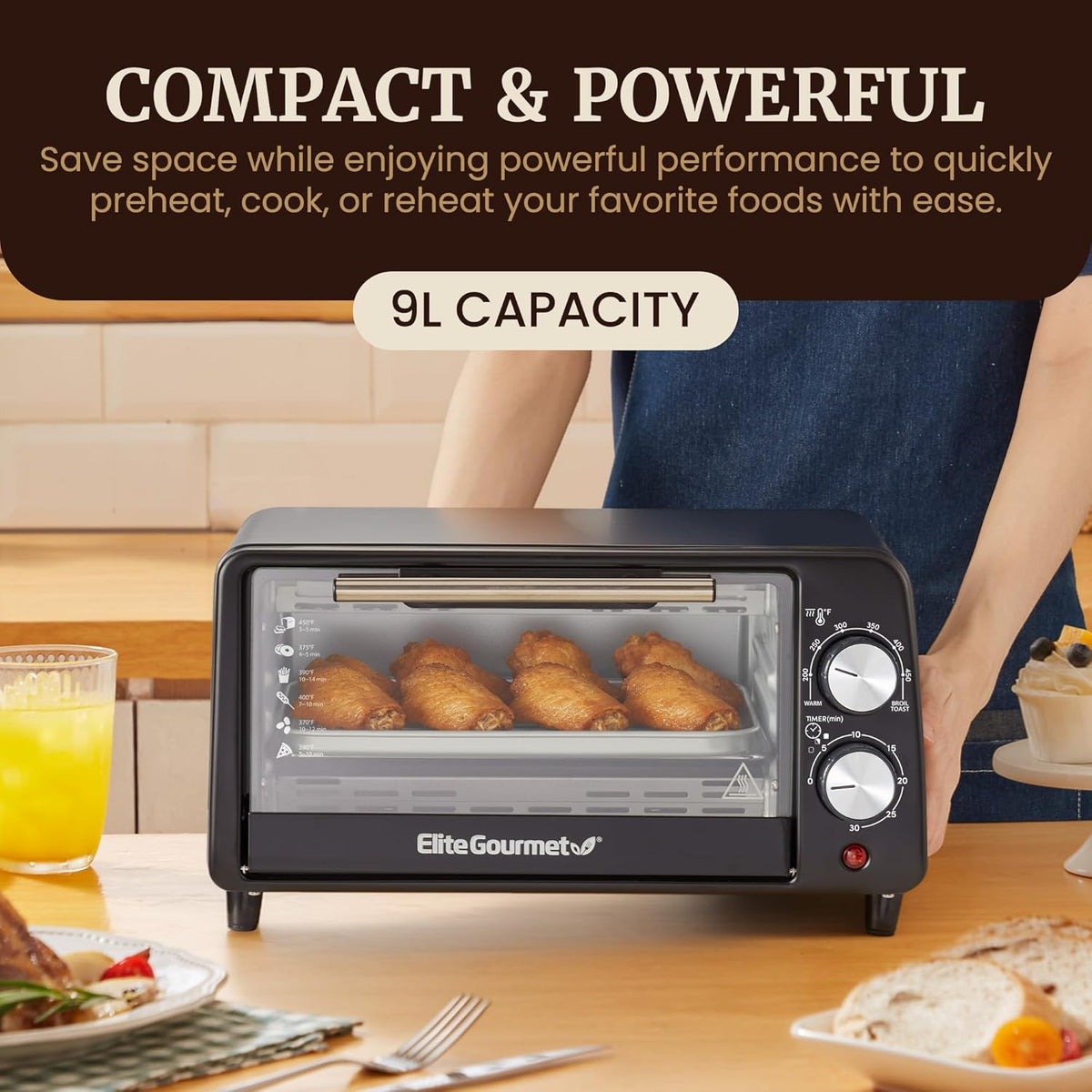 Elite Gourmet ETO449X Toaster Oven, 9.5Qt/4-Slice, 800W Quartz, Black