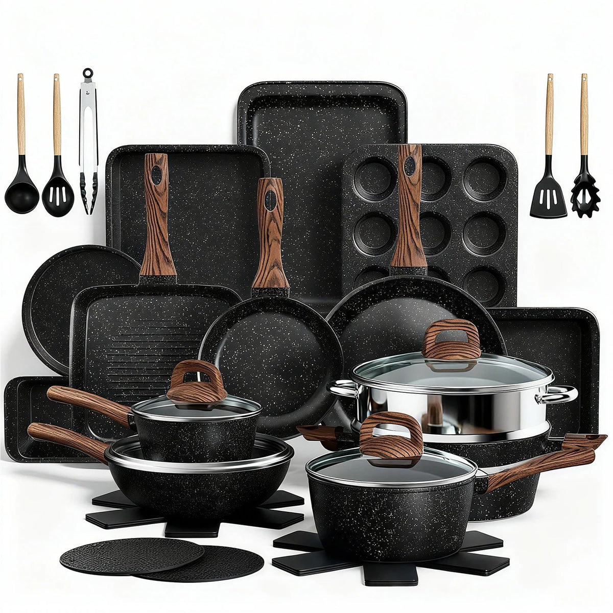 Pots and Pans Set Nonstick, Umite Chef 31-Piece Induction Cookware & Bakeware Set with Frying Pans, Saucepan, Grill Pan, Baking Sheet & Utensils, PFOA-Free Kitchen Starter Set (Sage Green)