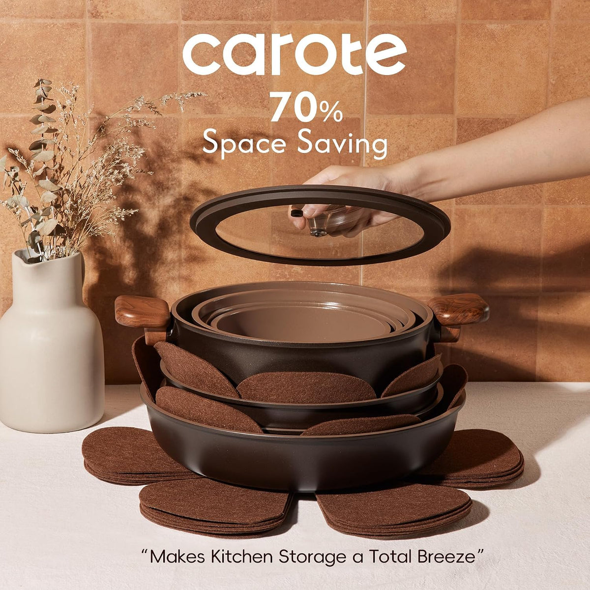 CAROTE 25pcs Ceramic Cookware Set, Pots and Pans Set with Detachable Handle