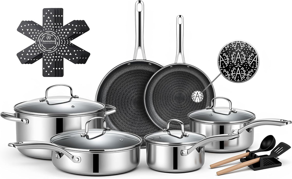 Ammeloo 17 Pcs Stainless Steel Cookware Set, Pots and Pans Set Non Stick