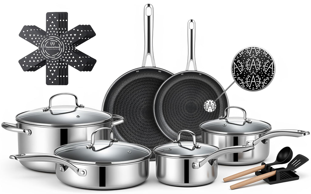 Ammeloo 17 Pcs Stainless Steel Cookware Set, Pots and Pans Set Non Stick