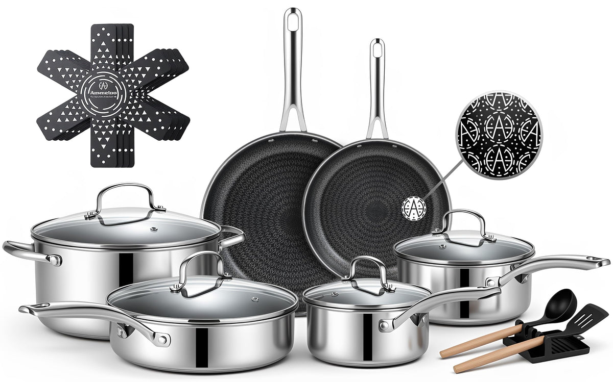 Ammeloo 17 Pcs Stainless Steel Cookware Set, Pots and Pans Set Non Stick