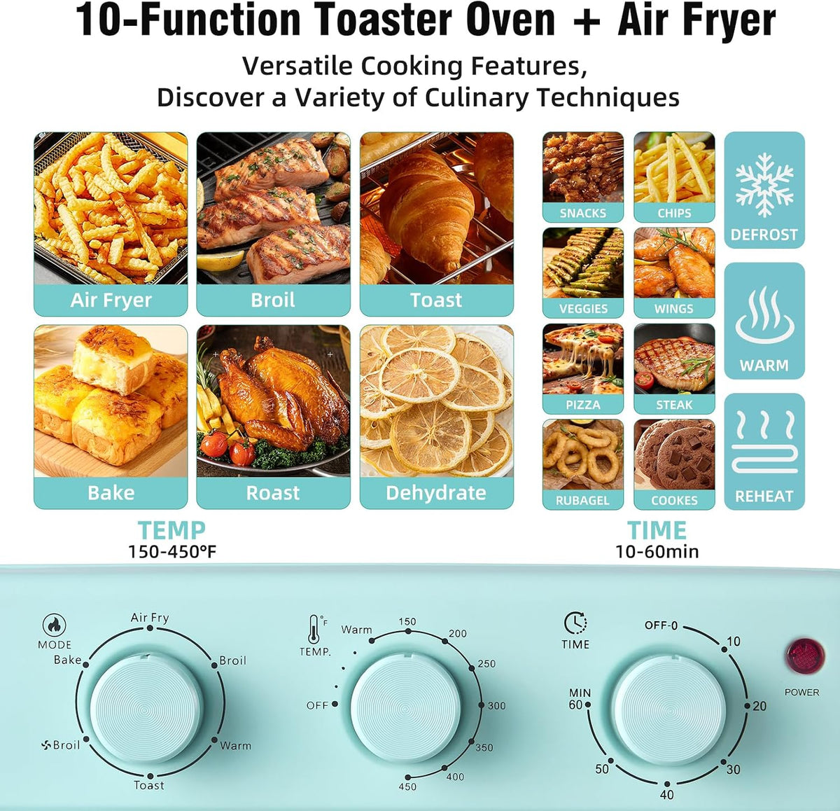 Novaspark Air Fryer Toaster Oven Combo, Retro Convection Oven Countertop,16QT Small Toaster Oven, 4-slices or 9" Pizza,Bake,Toast,Broil, Air Fry, Rapid Heating Mini Conventional Oven, Non-Stick, Blue