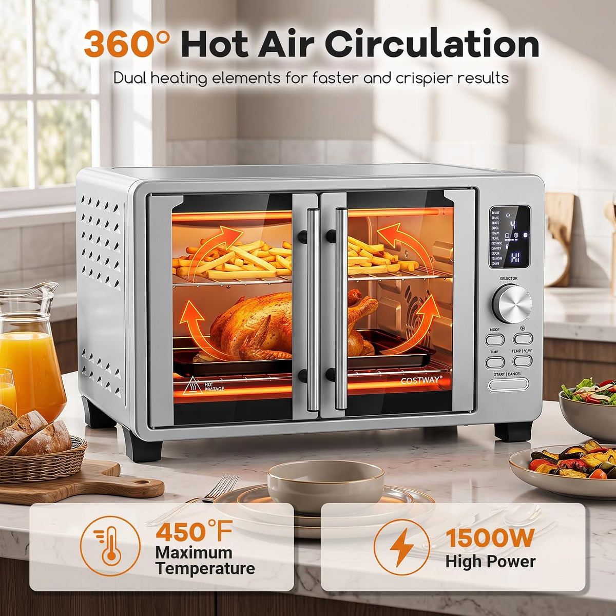 COSTWAY 26.4 QT French Door Toaster Oven Air Fryer with 11 Presets