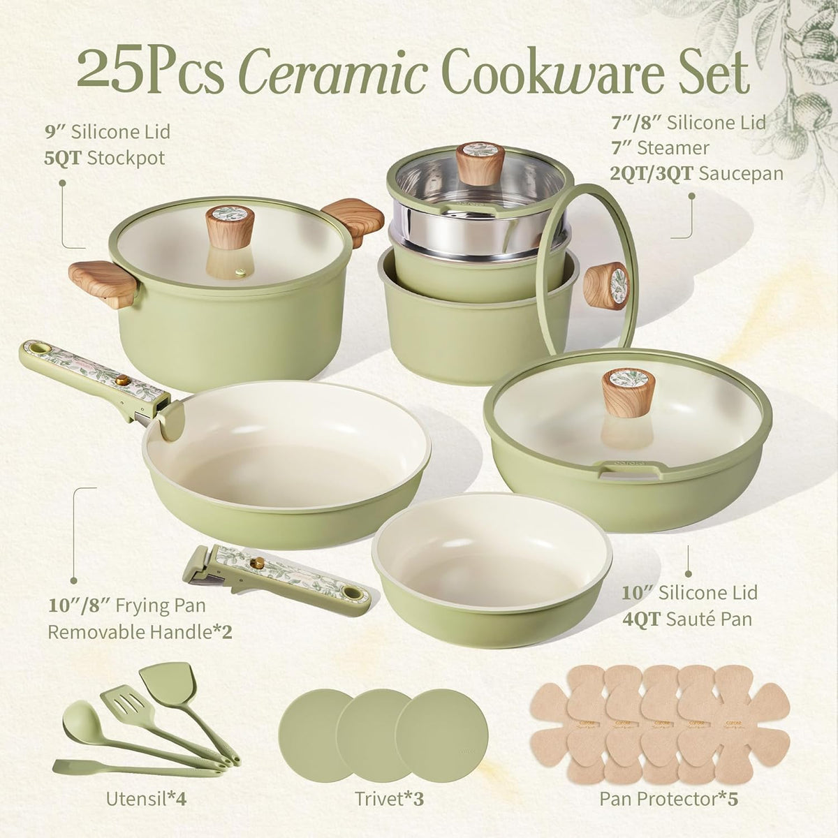 CAROTE 25pcs Ceramic Cookware Sets, Detachable Handle Pots and Pans Set