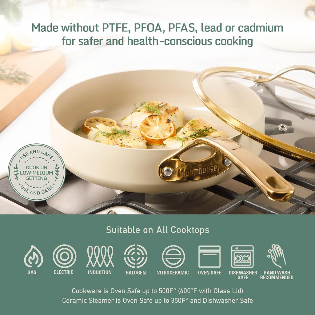 Bloomhouse 15-Piece Ceramic Nonstick Cookware Set, Two Time Oprah's Favorite Things, Heavy-Gauge Aluminum Pots and Pans Set, PFAS & PFOA & PTFE Free Ceramic Cookware, Oven Safe to 500°F, Almond Cream