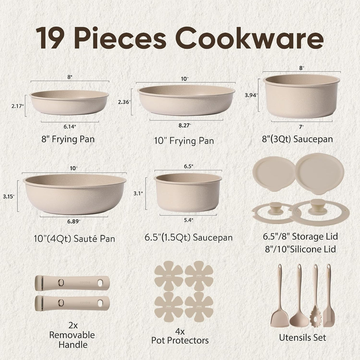 CAROTE 19pcs Pots and Pans Set Non Stick, Detachable Handle Cookware Sets
