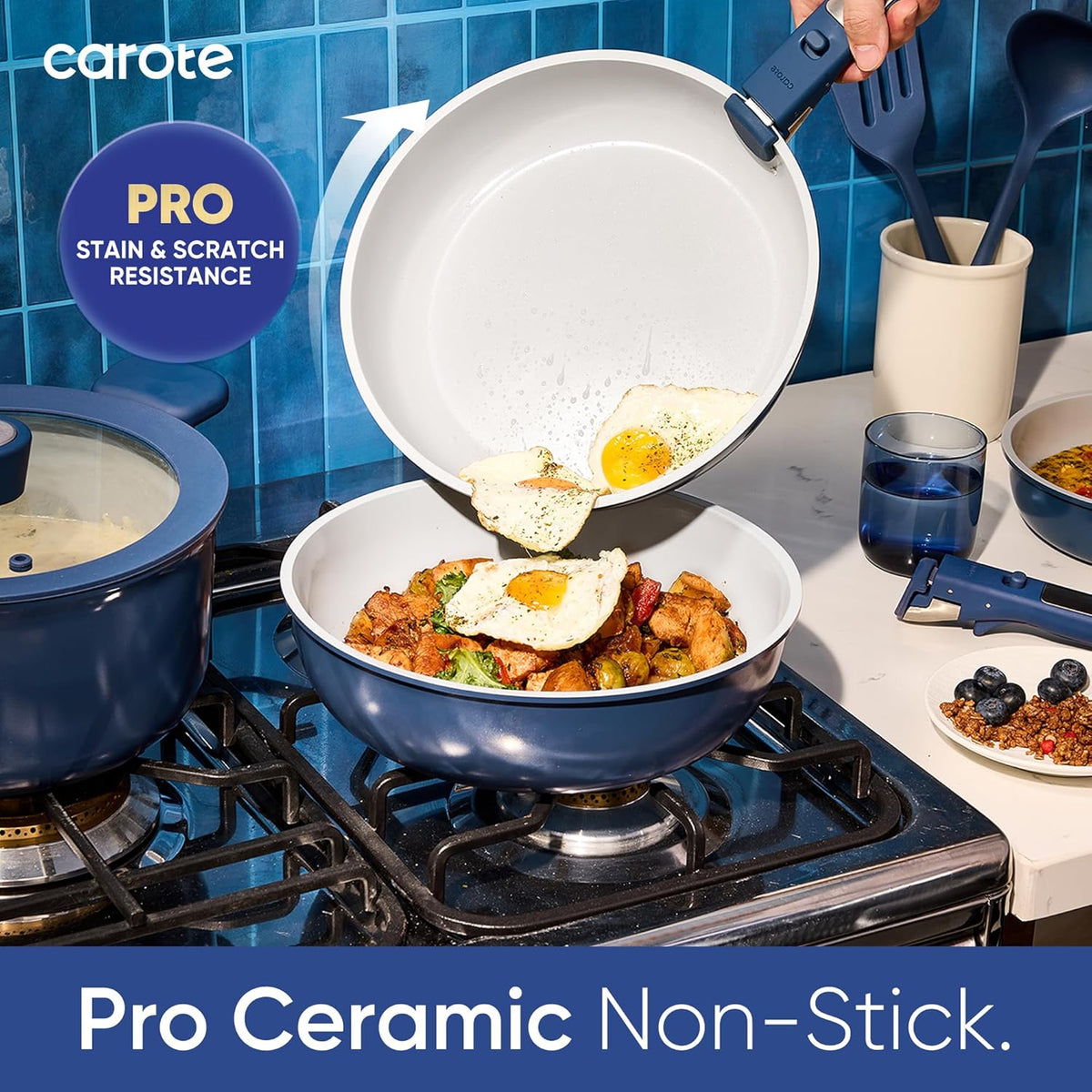 CAROTE 27pcs Ceramic Cookware Set, Pots and Pans Set with Detachable Handle