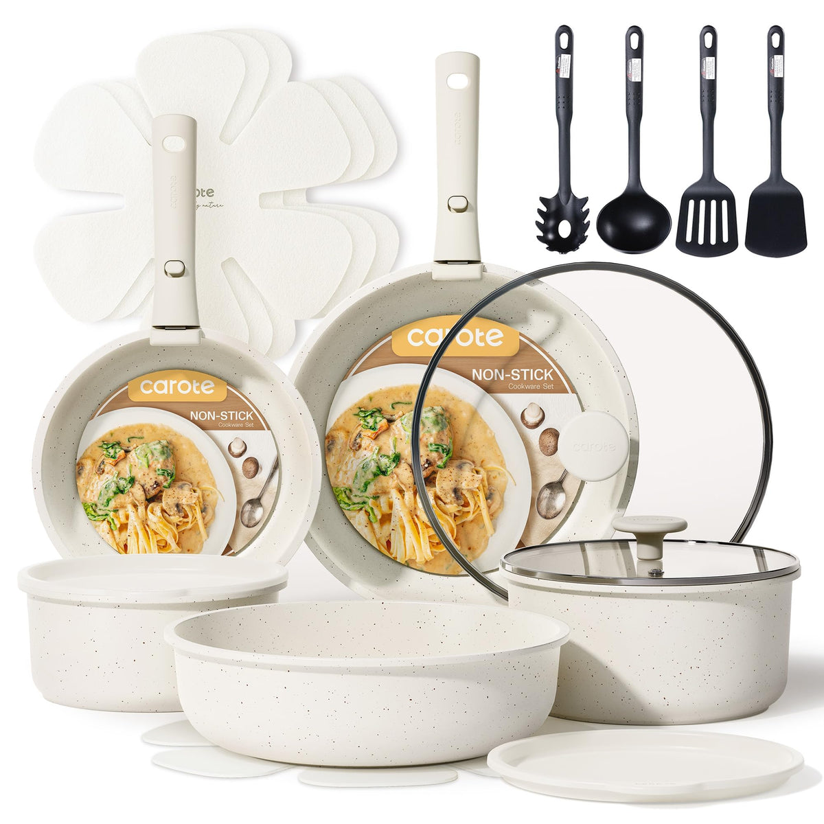 CAROTE 19pcs Ceramic Cookware Set Detachable Handle,Pots and Pans Non Stick