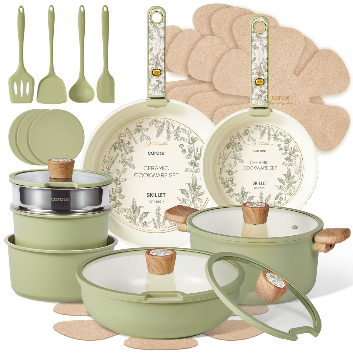 CAROTE 25pcs Ceramic Cookware Sets, Detachable Handle Pots and Pans Set