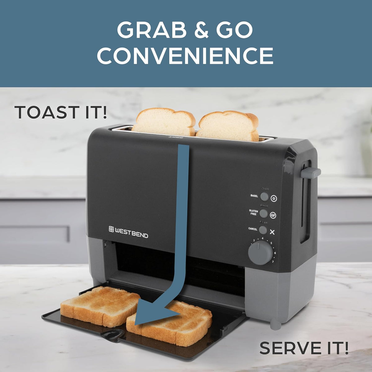 West Bend QuikServe Toaster, 2-Slice Wide-Slot Slide-Through Bread Toaster with Bagel and Gluten-Free Settings and Cool-Touch Exterior Fast Toasting, Includes Removable Serving Tray, 1400-Watts, Black