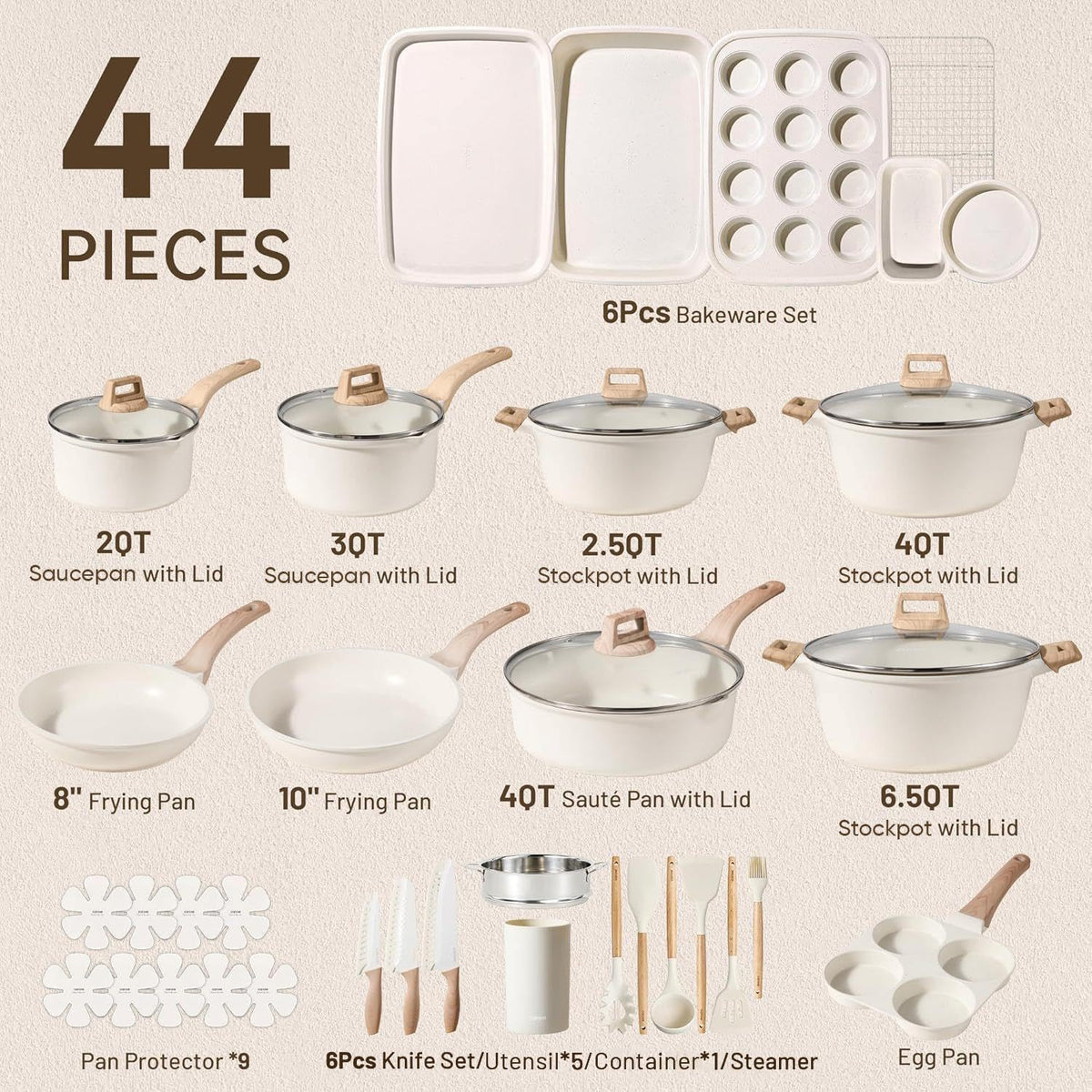 CAROTE 44pcs Pots and Pans, Nonstick Cookware Sets with Bakeware