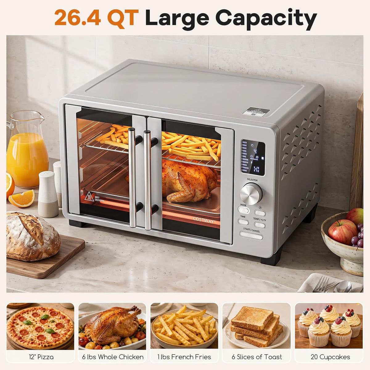COSTWAY 26.4 QT French Door Toaster Oven Air Fryer with 11 Presets