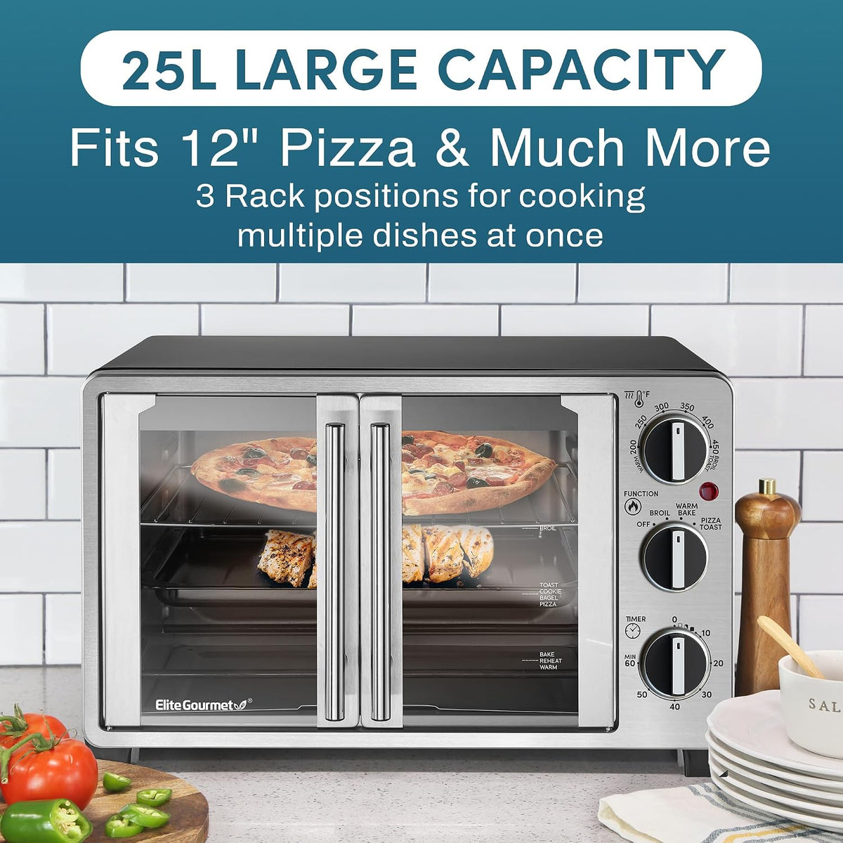 Elite Gourmet ETO2530M Double French Door Oven, 25L, 12" Pizza, SS/Black