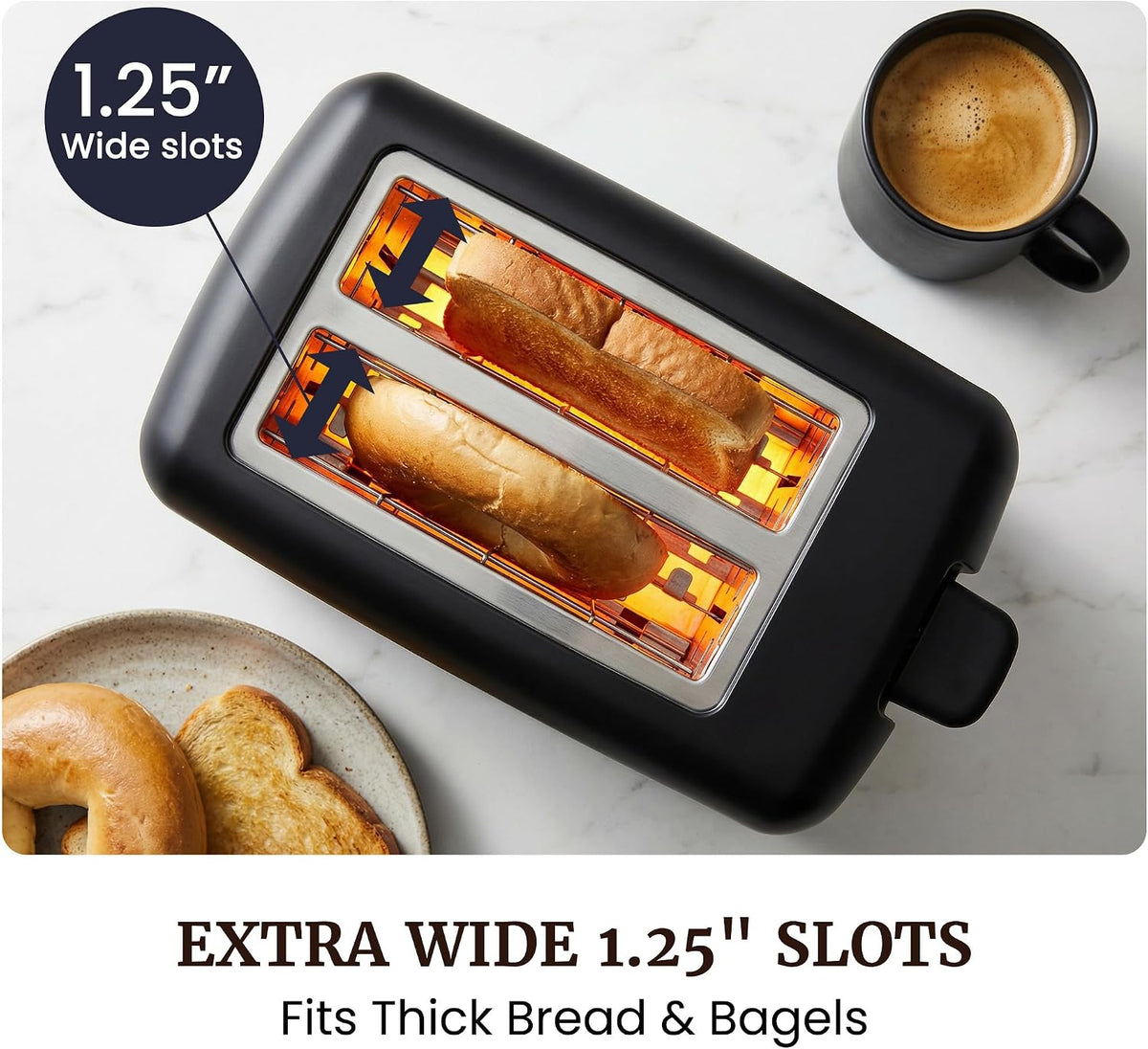 Elite Gourmet 2-Slice Cool-Touch Toaster, 1.25" Extra-Wide Slots, 6 Shades