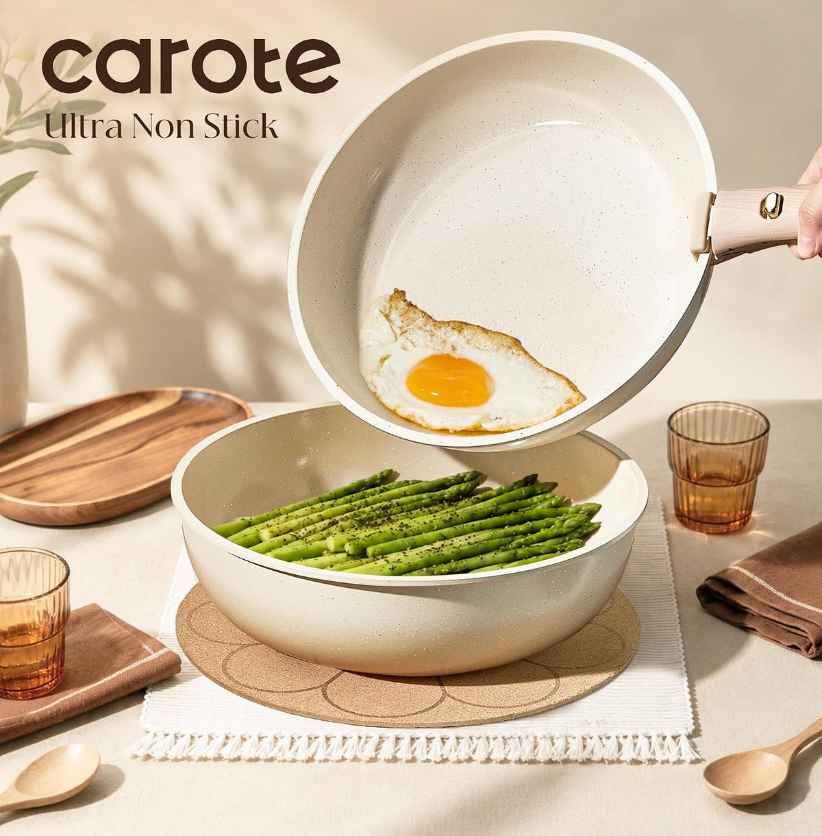 CAROTE 24Pieces Ceramic Cookware Set with Detachable Handle, Non-Toxic Pots and Pans Set Nonstick, Dishwasher/Oven Safe Non Stick Pot and Pan, Kitchen, Camping Use Cooking Set, All Stoves Compatible