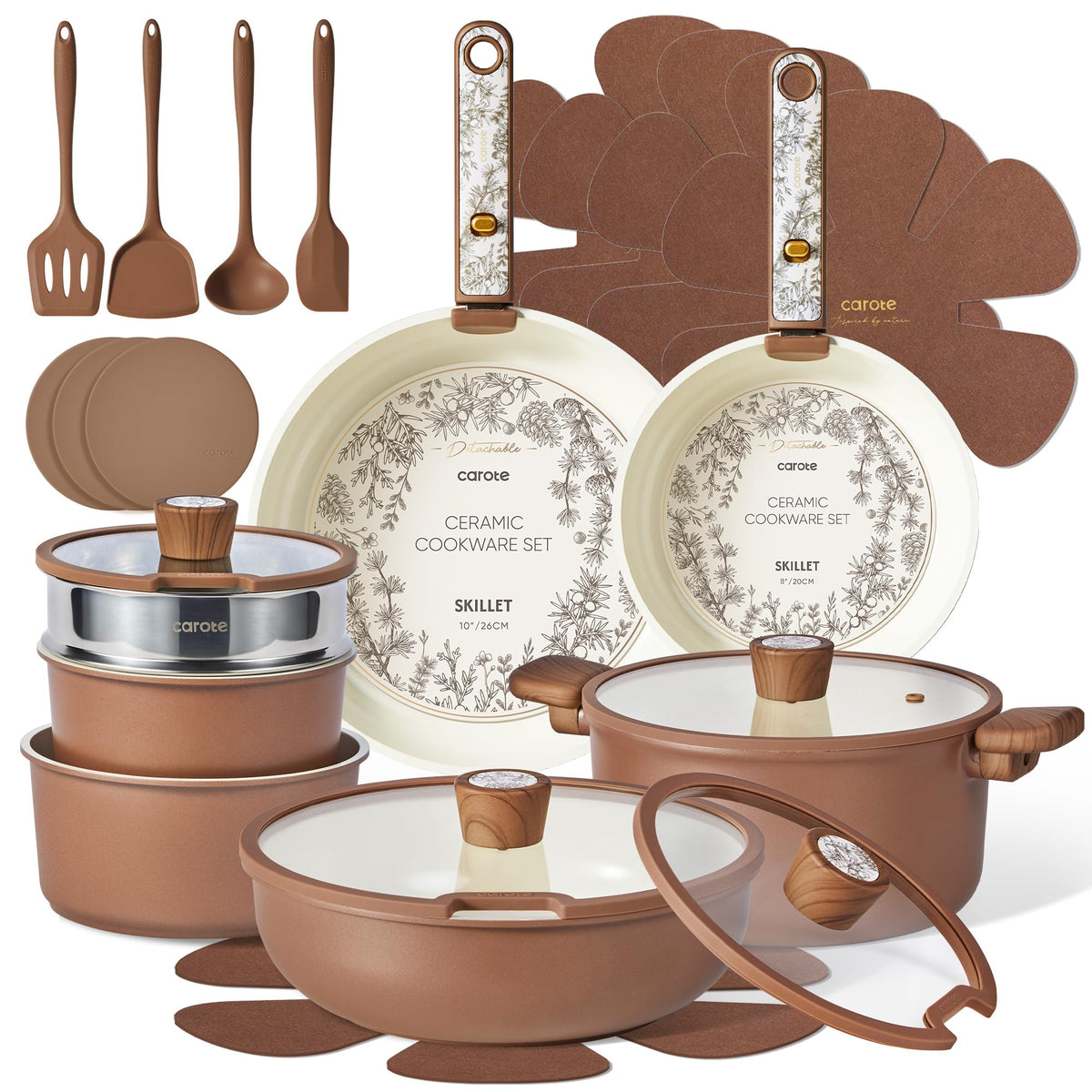 CAROTE 25pcs Ceramic Cookware Sets, Detachable Handle Pots and Pans Set