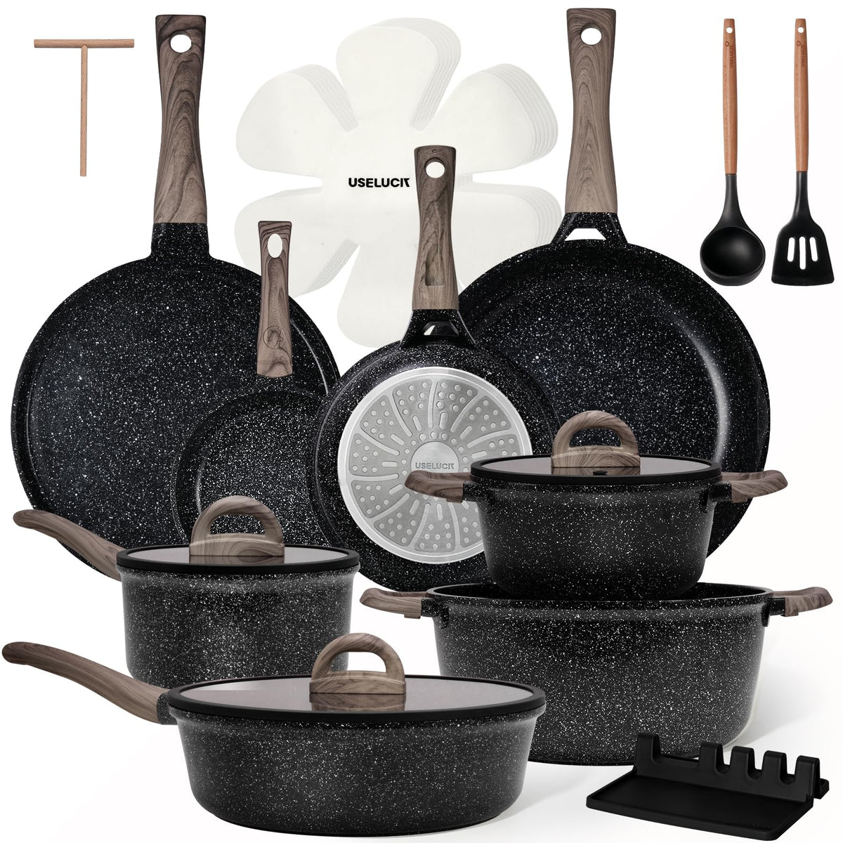 USELUCK 22-Piece Ceramic Cookware Set with Utensils, Pots and Pans Set