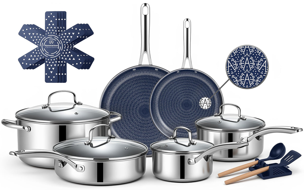 Ammeloo 17 Pcs Stainless Steel Cookware Set, Pots and Pans Set Non Stick