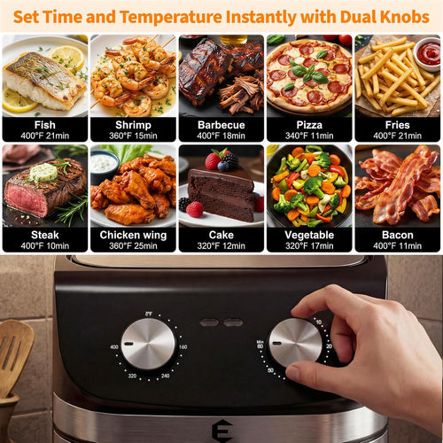 9.5Qt Large Air Fryer Oven, Airfryer Toaster Oven Combo, Non Toxic Stainless Steel Air Fryer with Window, XL Capacity Basket Style Airfryer for Family, Easy Dual Knob Control, Black