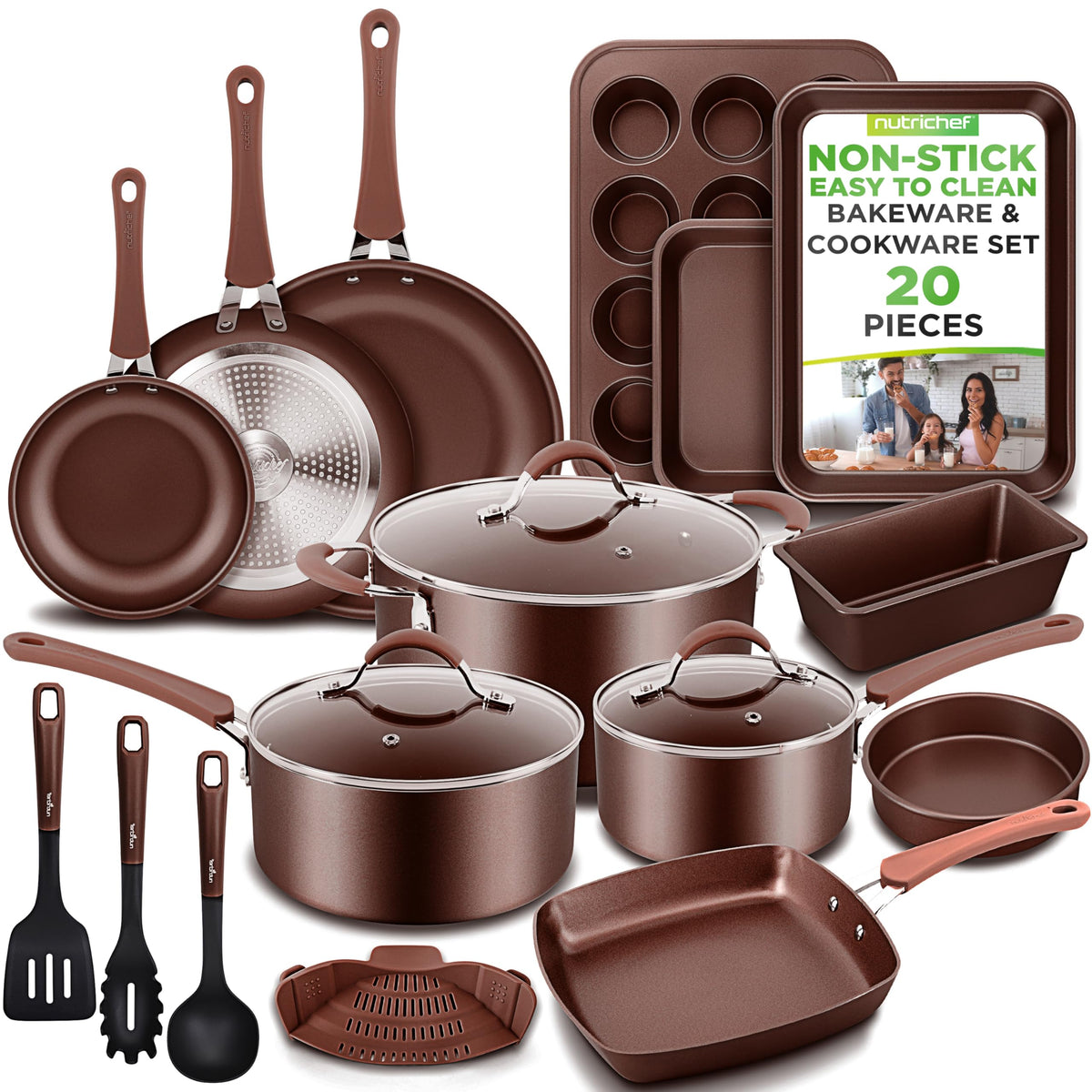 NutriChef Professional 20 Pc Pots and Pans Set Non Stick in Navy Blue - Includes Bakeware & Utensils, Induction Ready, Easy Clean