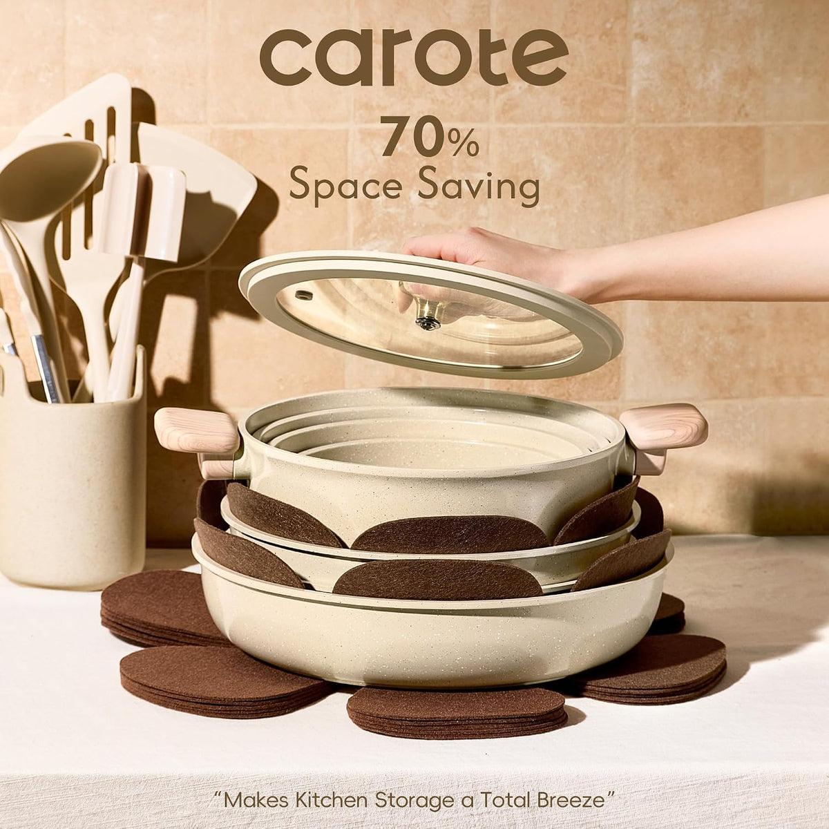 CAROTE 25pcs Ceramic Cookware Set, Pots and Pans Set with Detachable Handle
