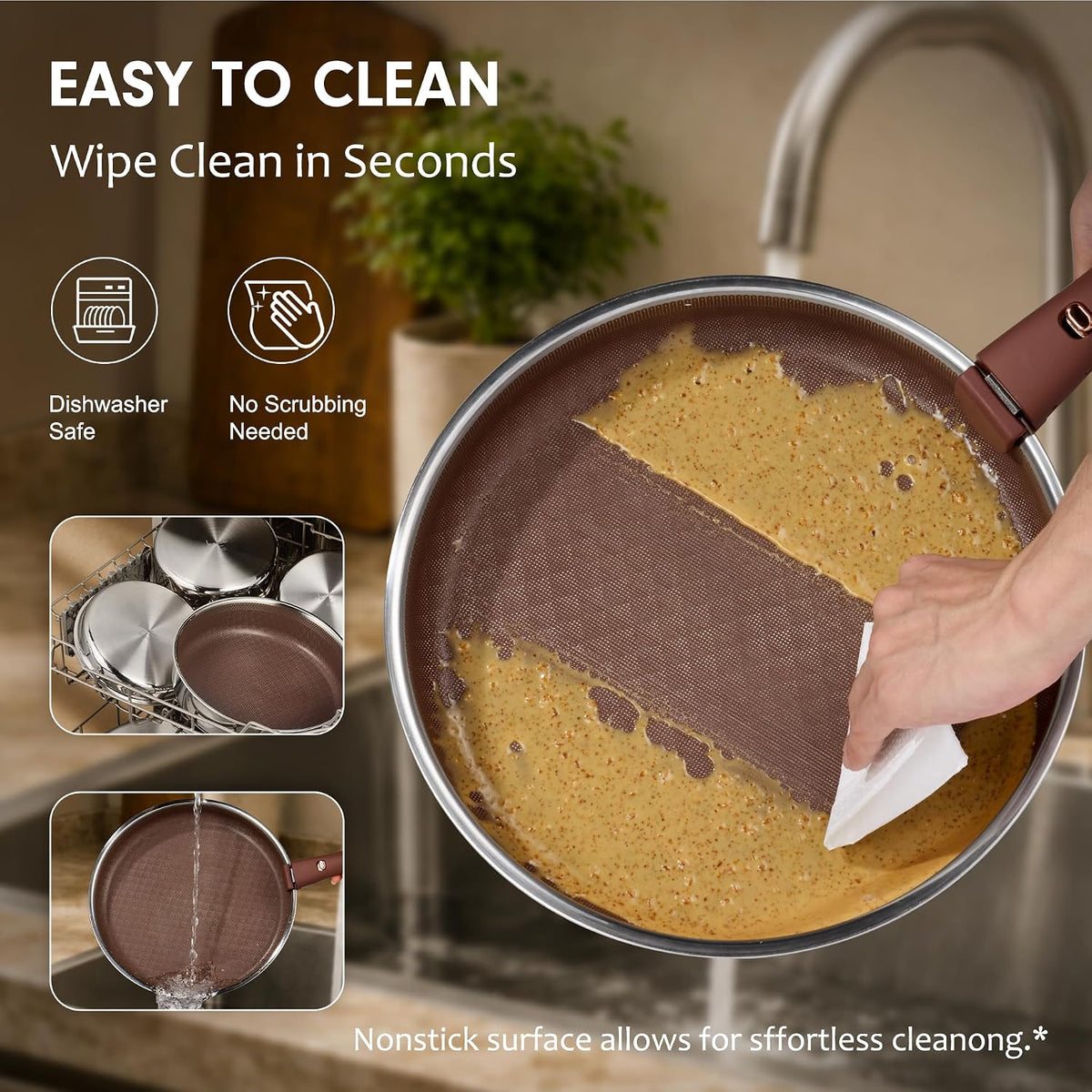 CAROTE 22pcs Hybrid Nonstick Pots and Pans Set, Stainless Steel Cookware Set with Honeycomb Titanium Interior, Induction Safe, Oven Safe, Brown (PFOS, PFOA Free)
