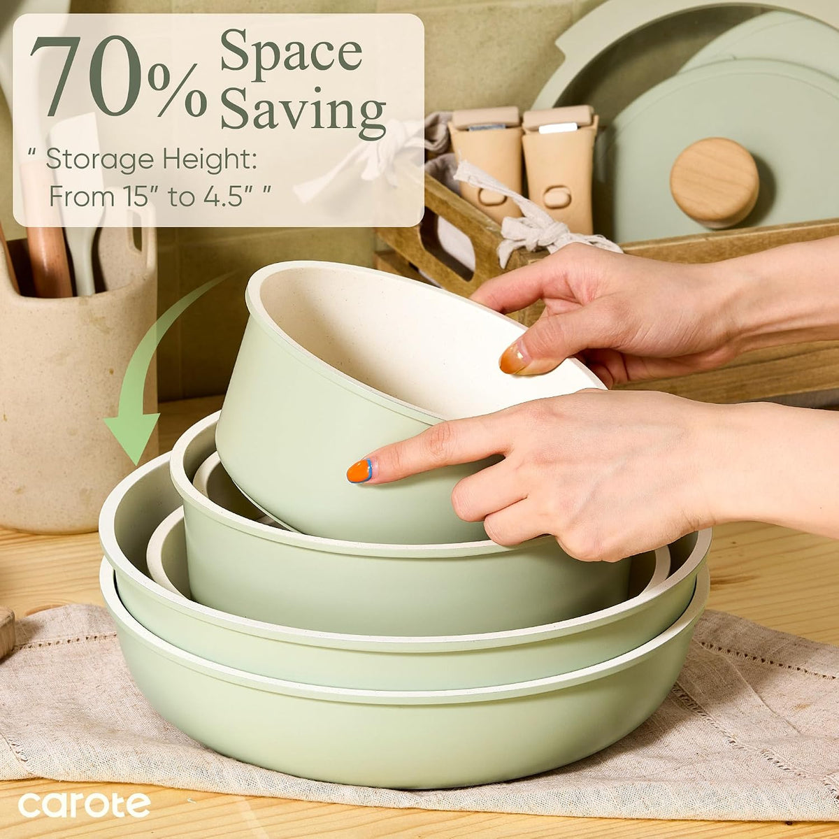 CAROTE 19pcs Pots and Pans Set Non Stick, Detachable Handle Cookware, Green