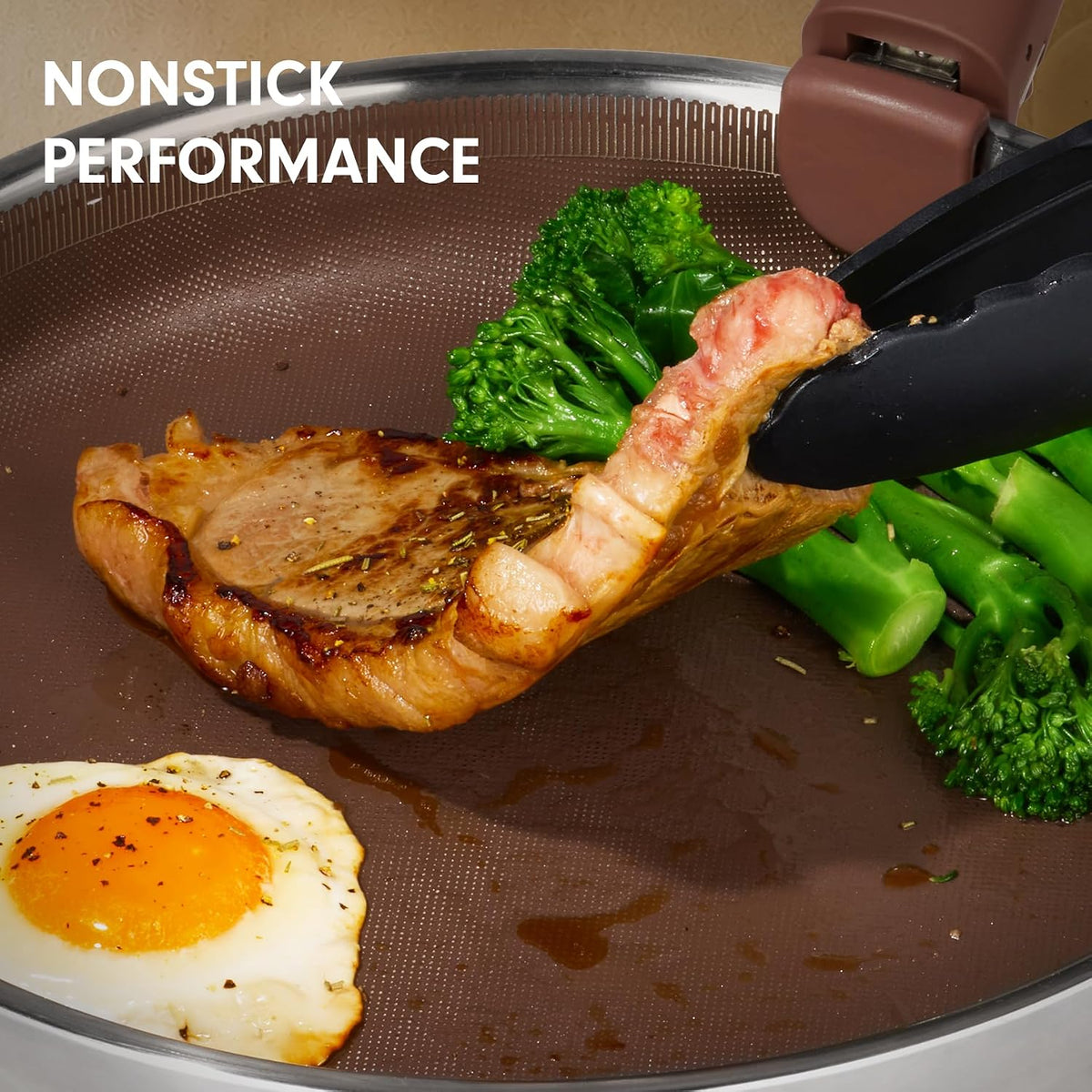 CAROTE 22pcs Hybrid Nonstick Pots and Pans Set, Stainless Steel Cookware Set with Honeycomb Titanium Interior, Induction Safe, Oven Safe, Brown (PFOS, PFOA Free)