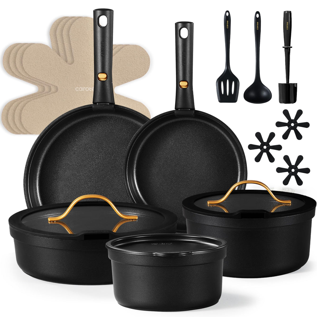 CAROTE 19pcs Tri-Ply Stainless Steel Cookware Set with Detachable Handle