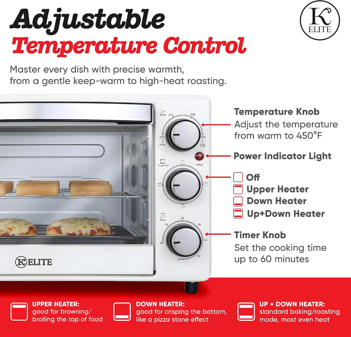 Kitchen Elite Toaster Oven, Compact Countertop Cooking Appliance, White