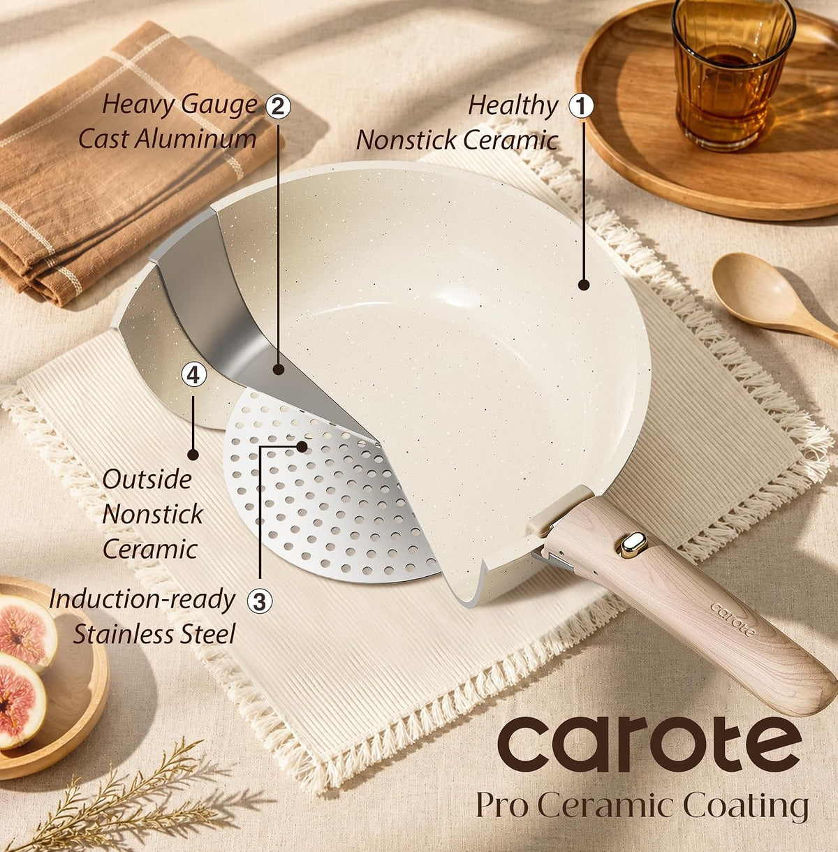 CAROTE 24Pieces Ceramic Cookware Set with Detachable Handle, Non-Toxic Pots and Pans Set Nonstick, Dishwasher/Oven Safe Non Stick Pot and Pan, Kitchen, Camping Use Cooking Set, All Stoves Compatible