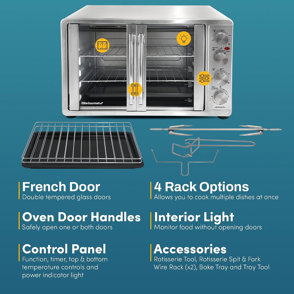 Elite Gourmet ETO4510MX French Door Convection Oven 47.5Qt, Stainless Steel