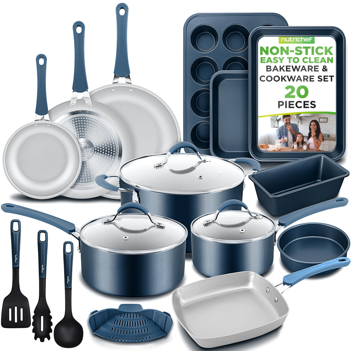 NutriChef Professional 20 Pc Pots and Pans Set Non Stick in Navy Blue - Includes Bakeware & Utensils, Induction Ready, Easy Clean