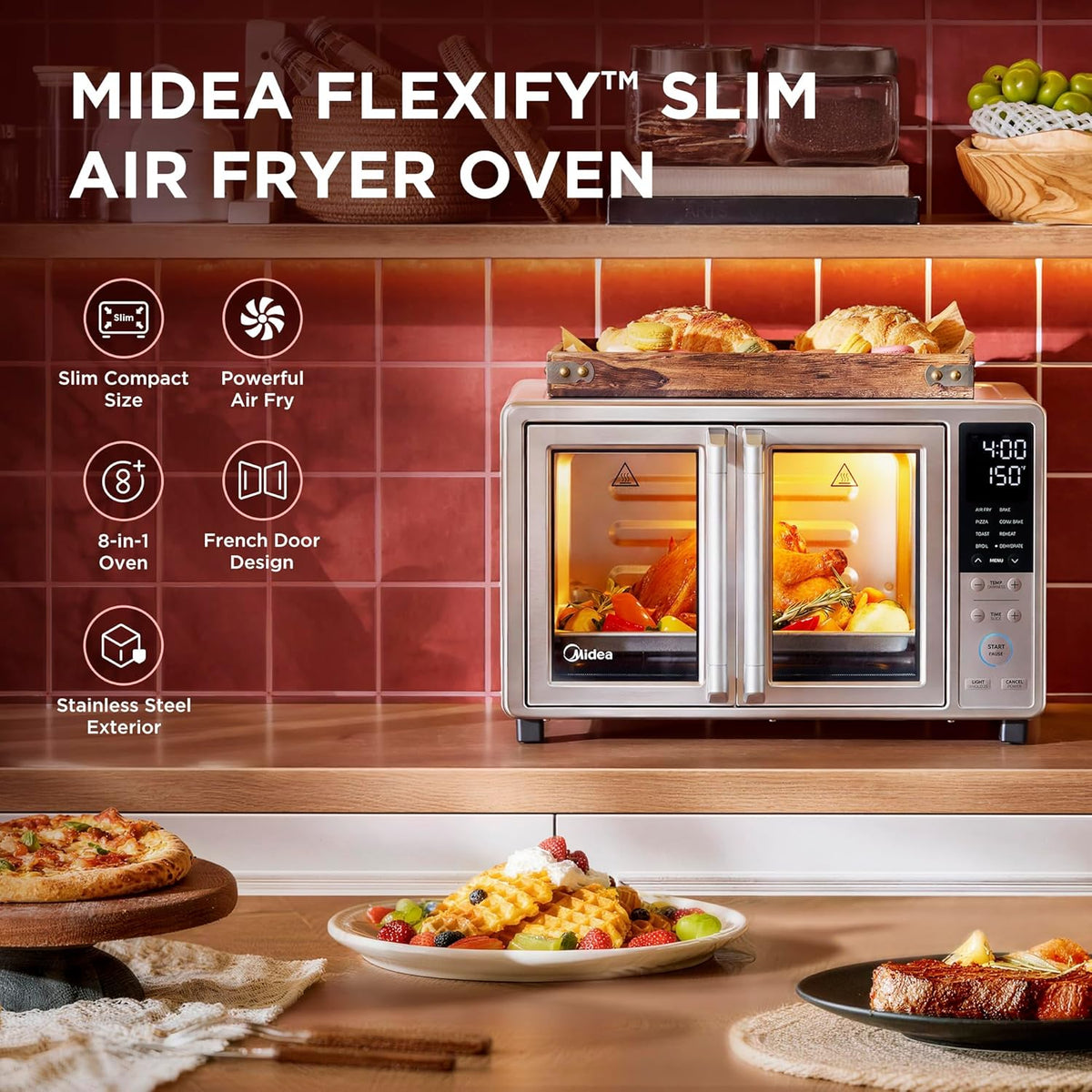 Midea Flexify Slim 8-in-1 French Door Toaster Oven Air Fryer Combo, 25QT