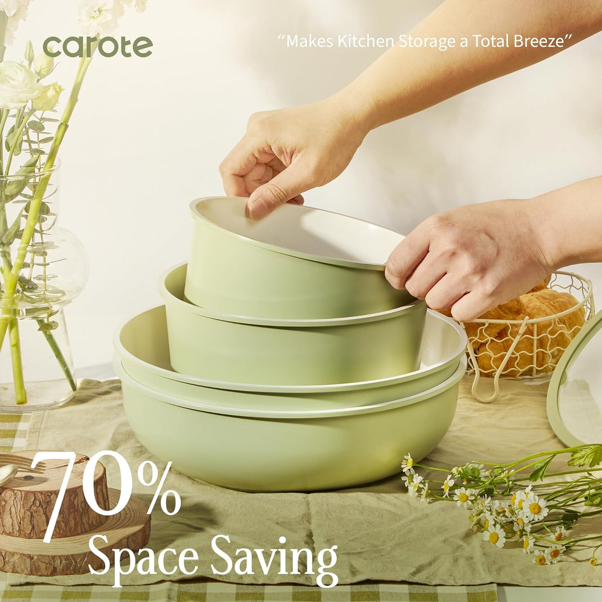 CAROTE 42pcs Ceramic Cookware Set, Pots and Pans Set with Detachable Handle