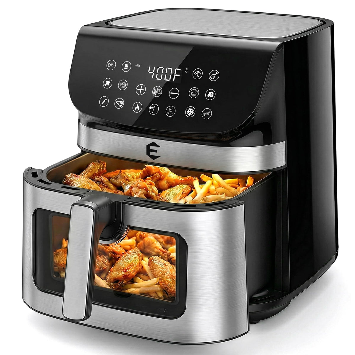 9.5Qt Large Air Fryer Oven, Airfryer Toaster Oven Combo, Non Toxic Stainless Steel Air Fryer with Window, XL Capacity Basket Style Airfryer for Family, Easy Dual Knob Control, Black