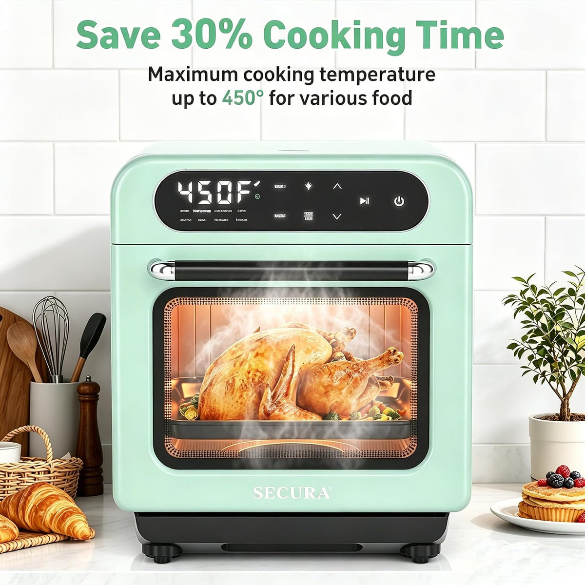 Secura 13-Quart Steam Air Fryer Oven, 10-in-1 Multifunction Convection Toaster Oven with Rapid Steam, Bake, Dehydrate, Ferment, Healthy Nutritious Food Steamer, Compact Countertop Oven, Mint Green
