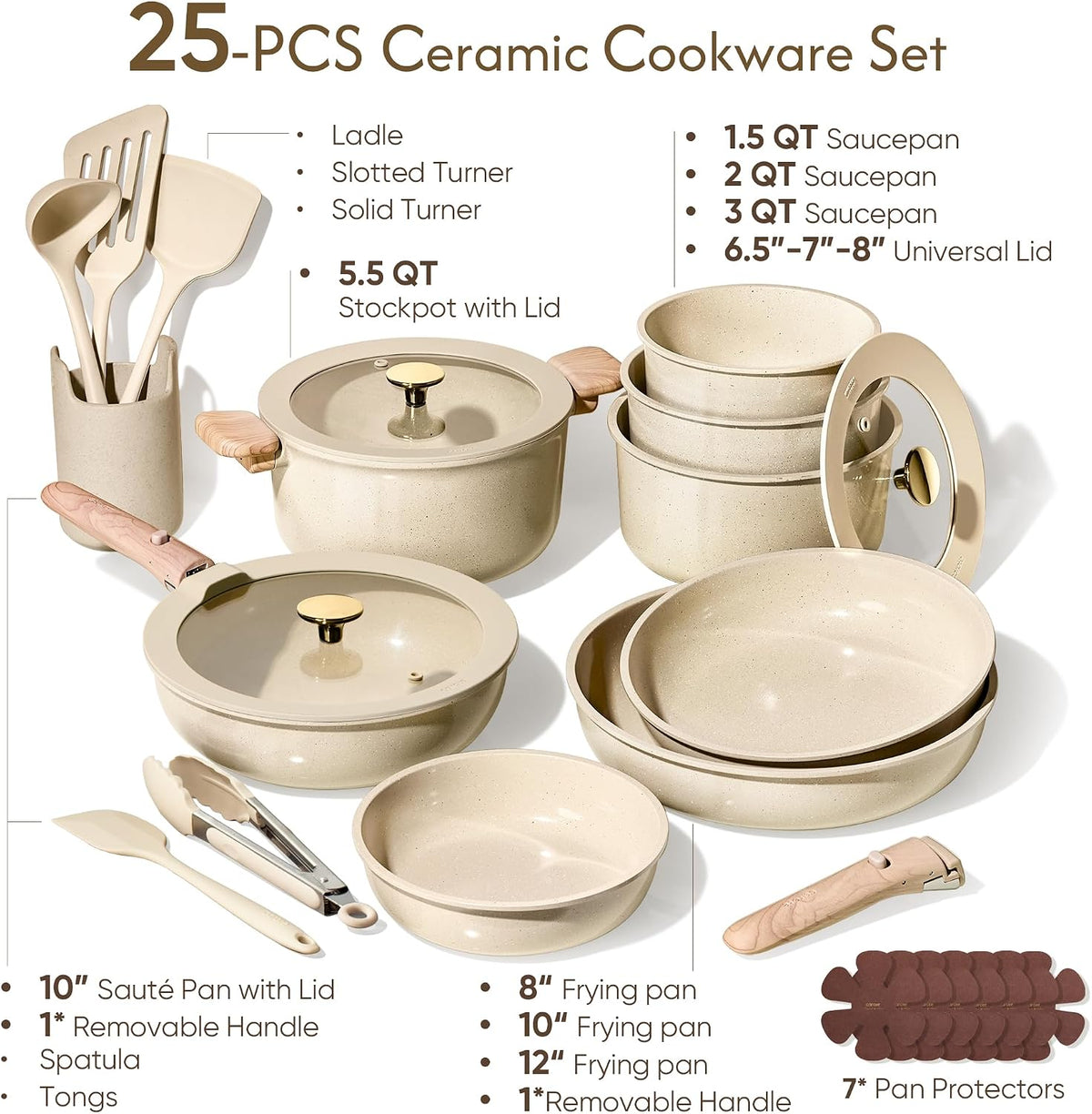 CAROTE 25pcs Ceramic Cookware Set, Pots and Pans Set with Detachable Handle