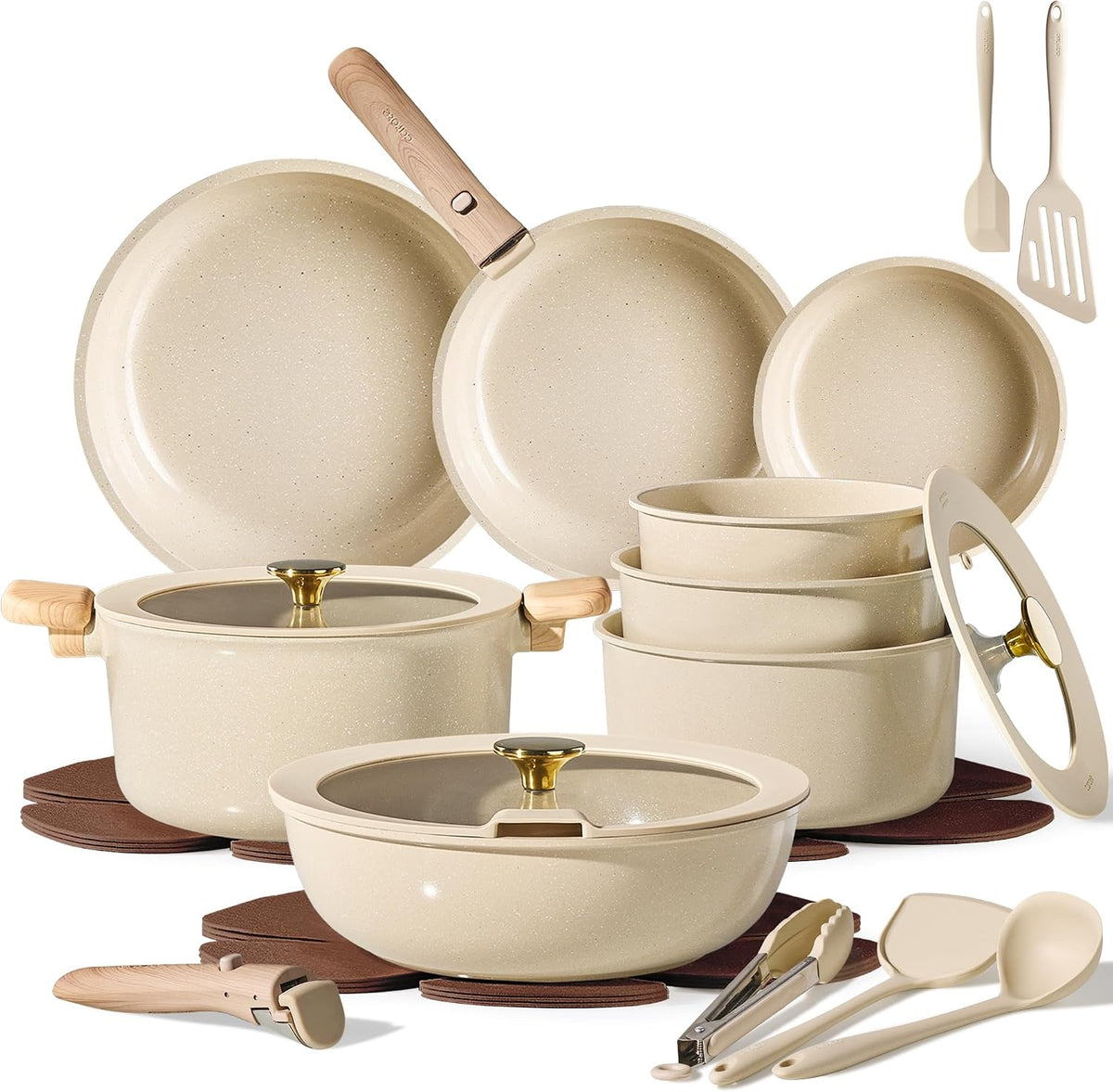 CAROTE 25pcs Ceramic Cookware Set, Pots and Pans Set with Detachable Handle