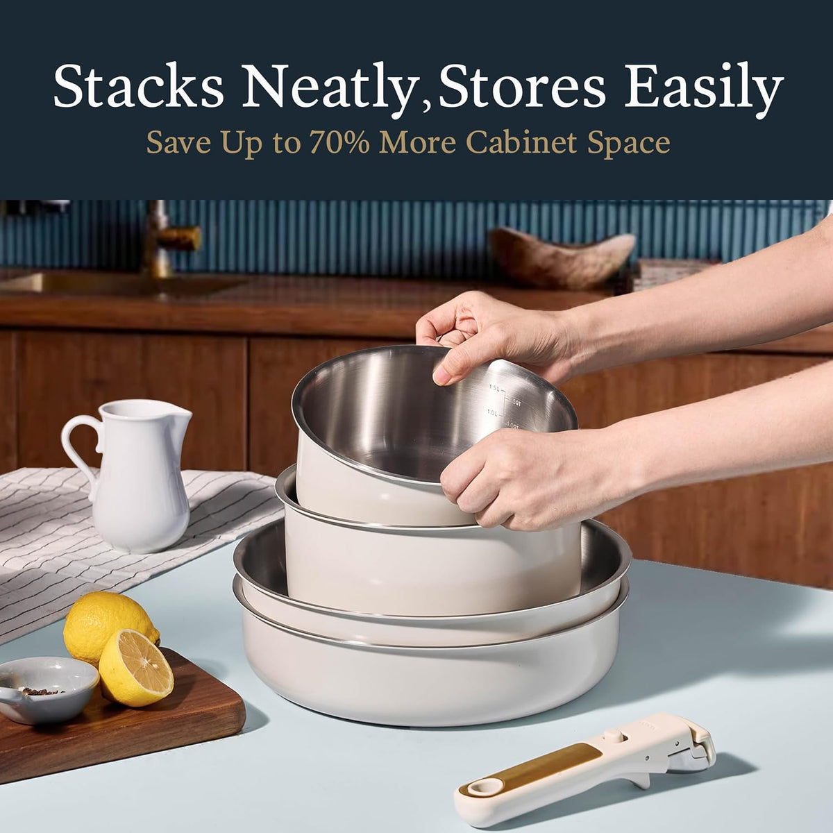 CAROTE 21pcs Tri-Ply Stainless Steel Cookware Set with Detachable Handle
