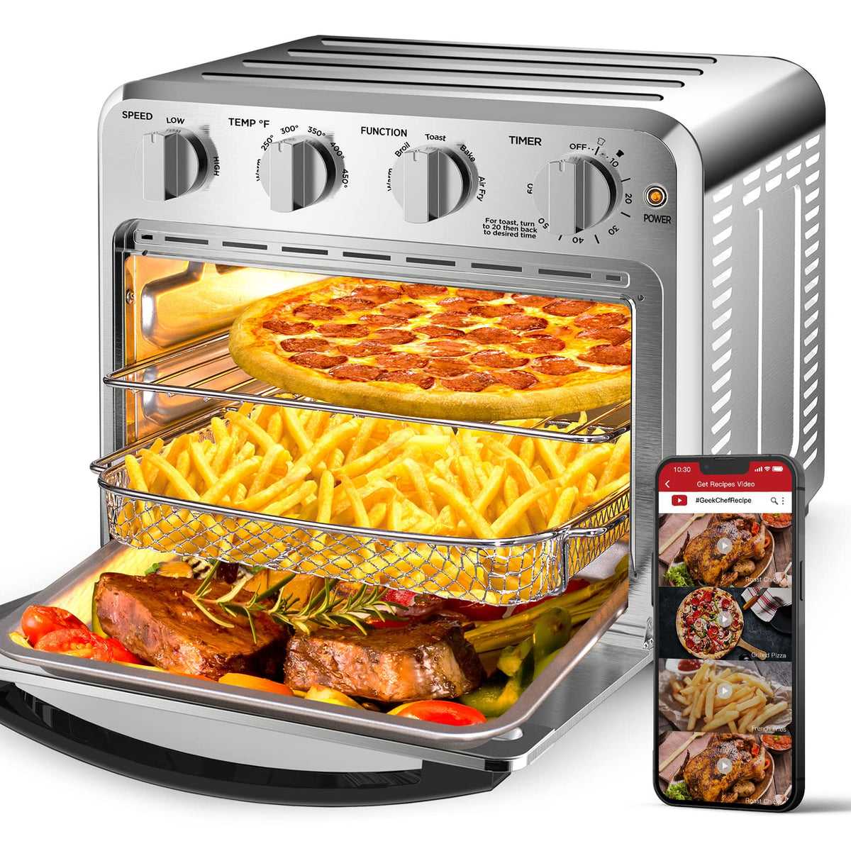 Geek Chef Air Fryer Toaster Oven 26 QT, Large AirFryer Convection Countertop Oven Combo with Easy Bake, Roast, Broil, Warm, 6 Slice Toast 7-in-1 Functions, 3 Layers with 4 Accessories,Stainless Steel