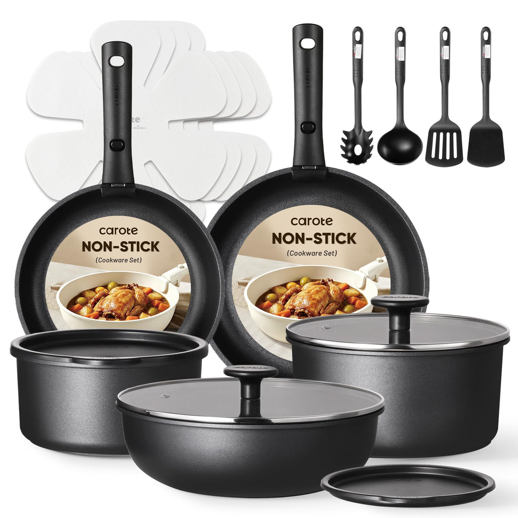 CAROTE 19pcs Ceramic Cookware Set Detachable Handle,Pots and Pans Non Stick