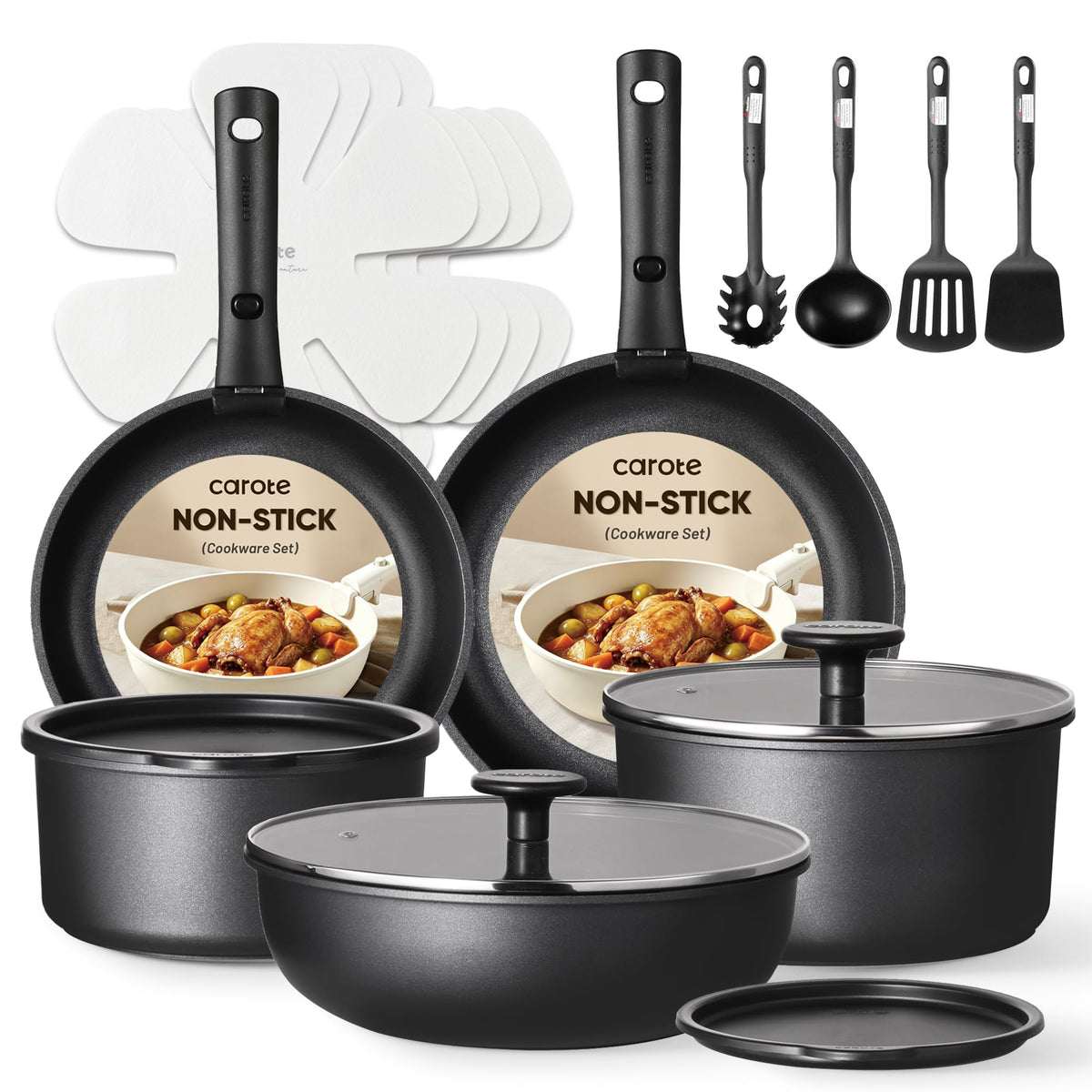 CAROTE 19pcs Ceramic Cookware Set Detachable Handle,Pots and Pans Non Stick