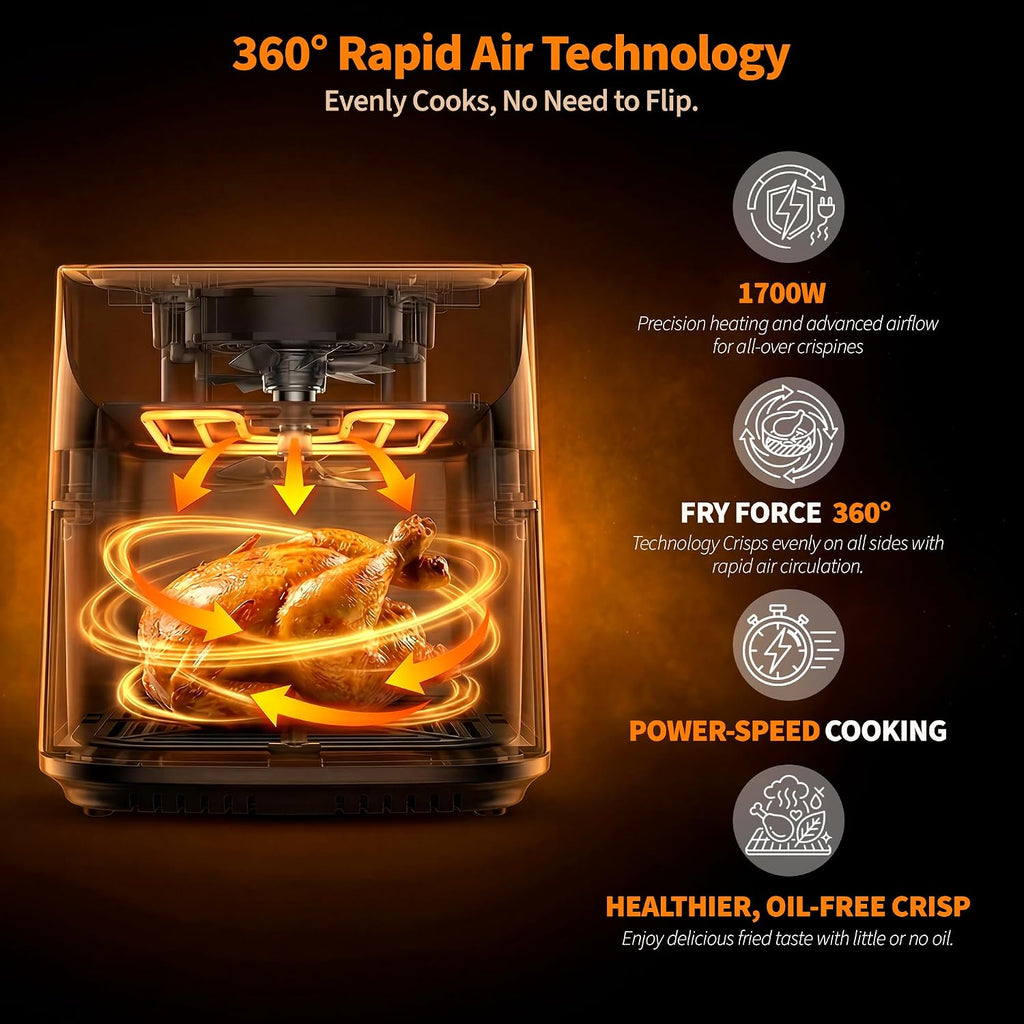 9.5Qt Large Air Fryer Oven, Airfryer Toaster Oven Combo, Non Toxic Stainless Steel Air Fryer with Window, XL Capacity Basket Style Airfryer for Family, Easy Dual Knob Control, Black