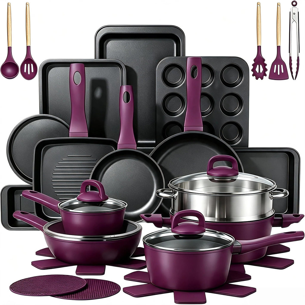 Pots and Pans Set Nonstick, Umite Chef 31-Piece Induction Cookware & Bakeware Set with Frying Pans, Saucepan, Grill Pan, Baking Sheet & Utensils, PFOA-Free Kitchen Starter Set (Sage Green)