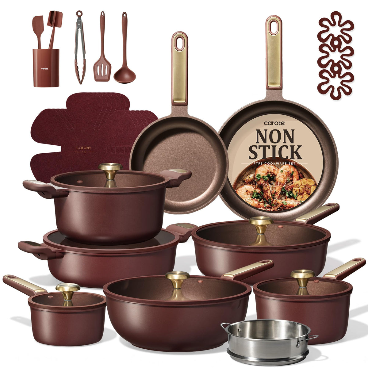 CAROTE 31pcs Nonstick Cookware Sets, Pots and Pans Set with Wok